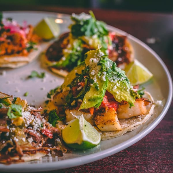 A plate of Uno Mas Taqueria y Cantina's Mexican tacos, garnished with avocado, cilantro, and lime.