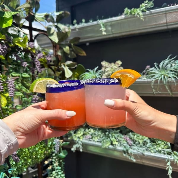 Two hands holding pink margaritas with blue rims, garnished with lime and orange, against a leafy background.