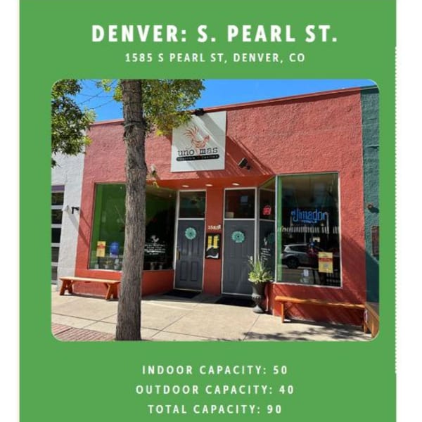 Exterior of Uno Mas Taqueria y Cantina on S. Pearl St. in Denver, with red walls and outdoor benches.