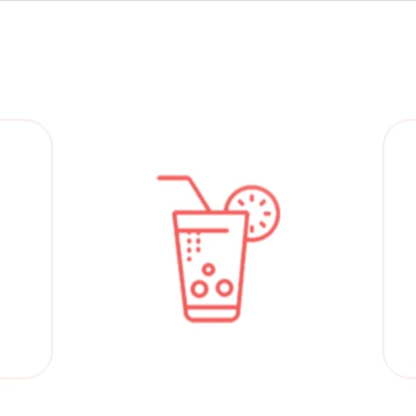 Red line art icon of a drink with a straw and a citrus slice.